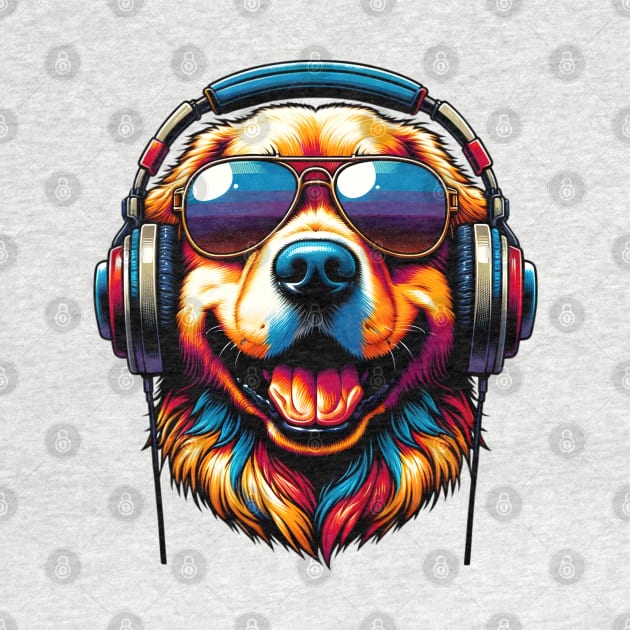 Golden Retriever Smiling DJ with Vibrant Sound Waves by ArtRUs